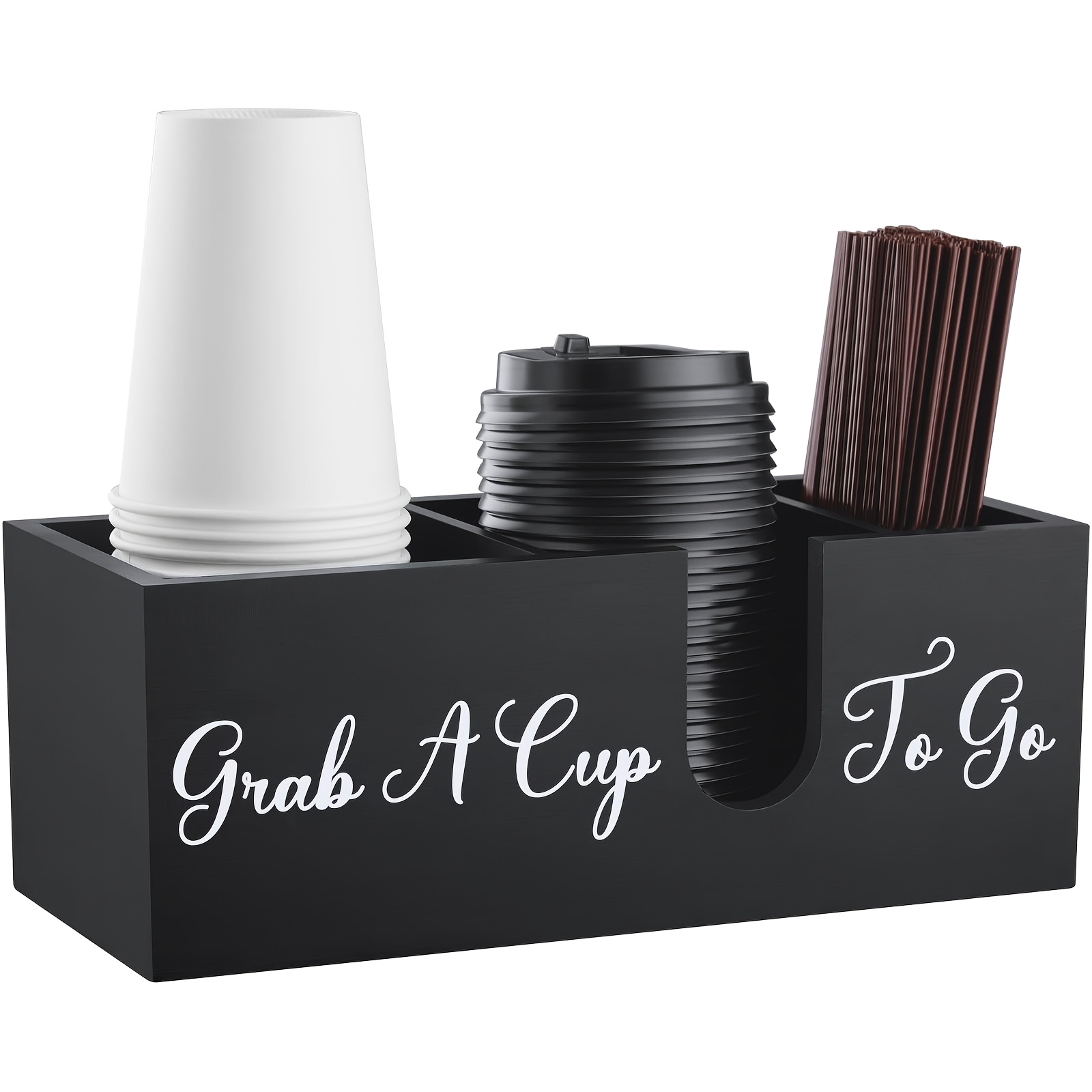 Image of Coffee Bar Organizer Countertop, Coffee Station Organizer For Cup And Lid Storage Box, Farmhouse Wood Coffee Bar Accessories, Rustic Disposable Coffee Cup Holder For Counter Decor - Black