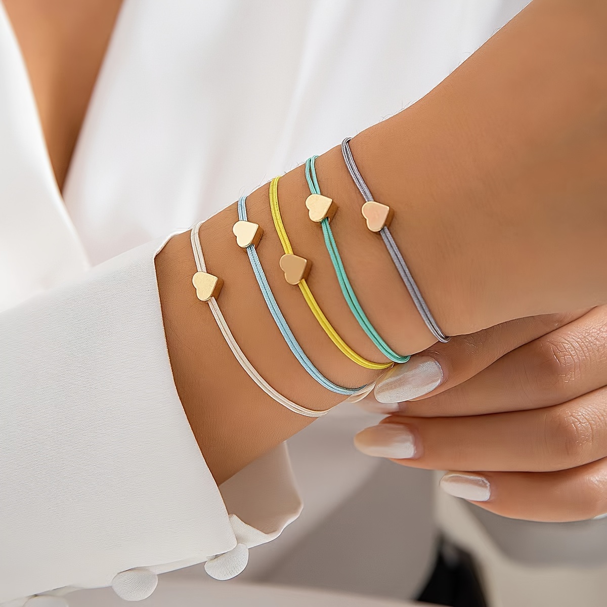 

5pcs/set Heart Pattern Macaron Color Adjustable Bracelet Cute Daily Jewelry Accessories