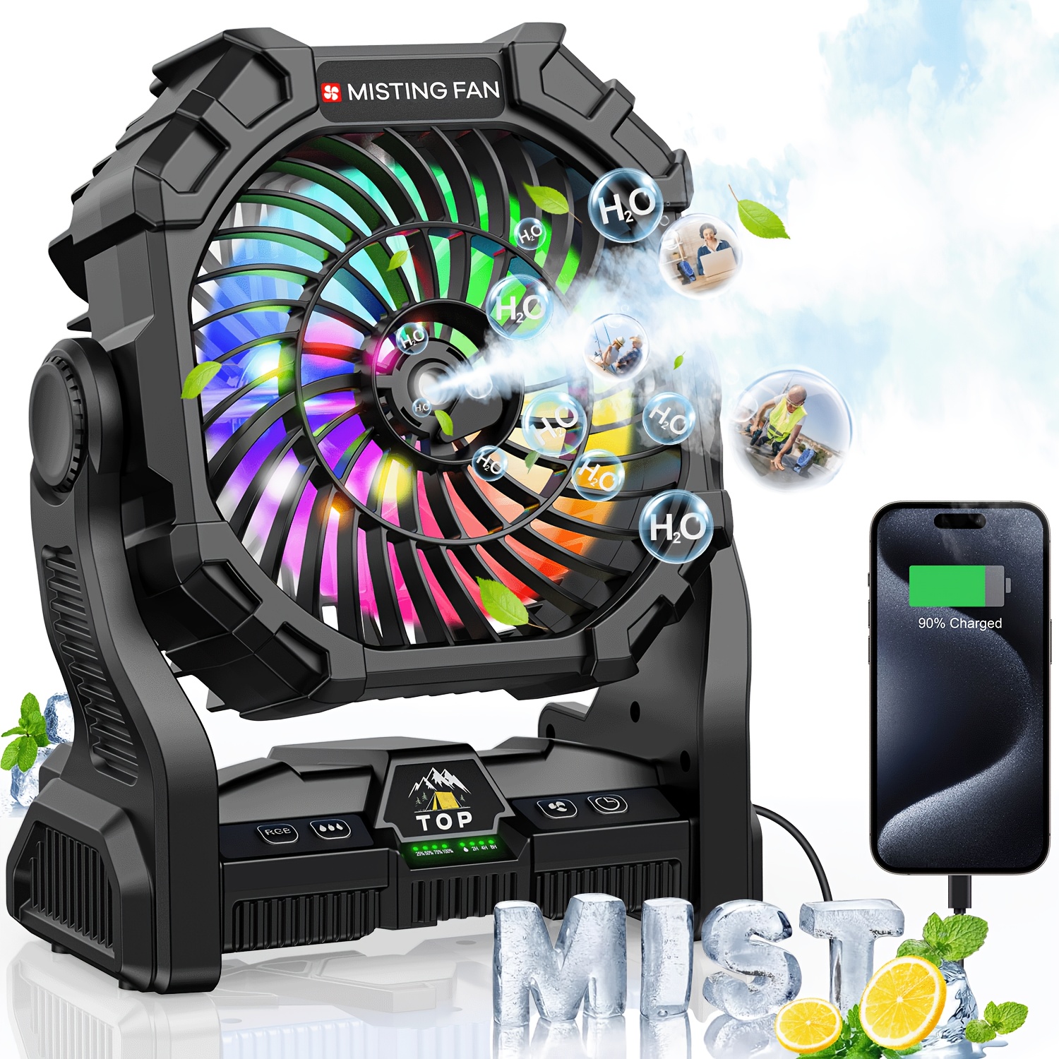 TEMU 20000mah Rechargeable Camping Fan, Basic/ Misting/ Solar Panel Options, Settings, Rgb Mood Lighting, Tent Hook, Phone Charging, Portable Outdoor