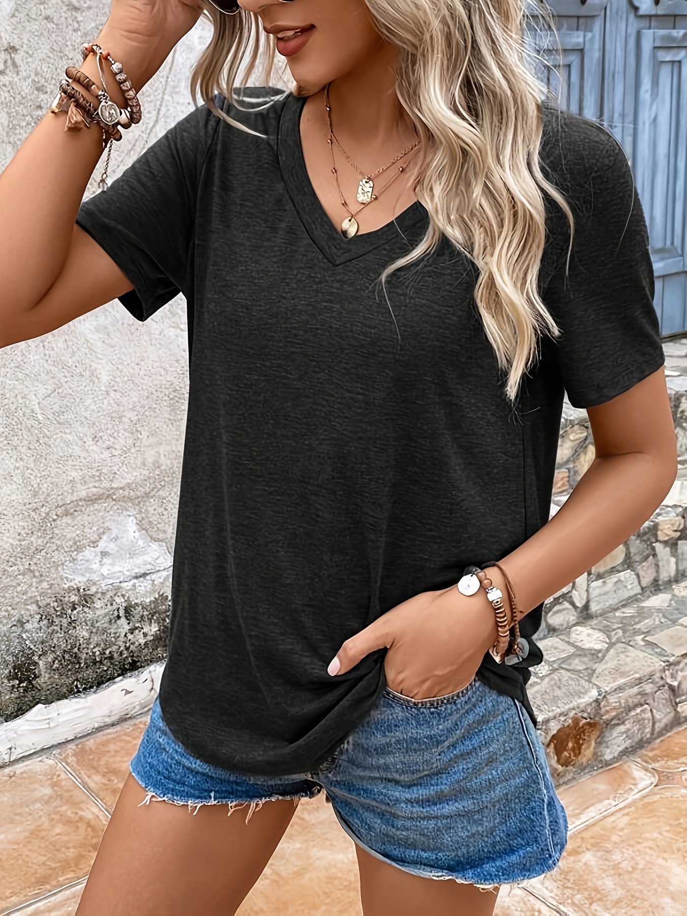 Women Gradient Color V-Neck T-Shirt Short Sleeve Casual Tee Tops