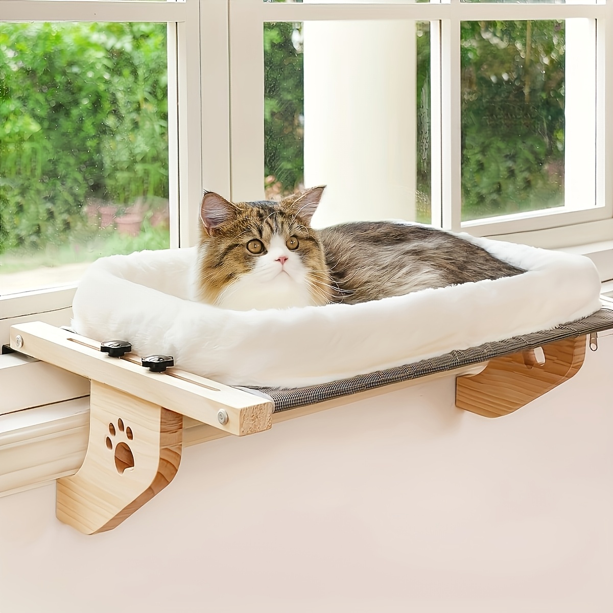 

1 Solid Wood Cat With Plush Cushion - Space-saving, Easy-to-install Window Perch For Cats, Wood & Metal Frame, Adjustable For , Bedsides, Drawers & Cabinets