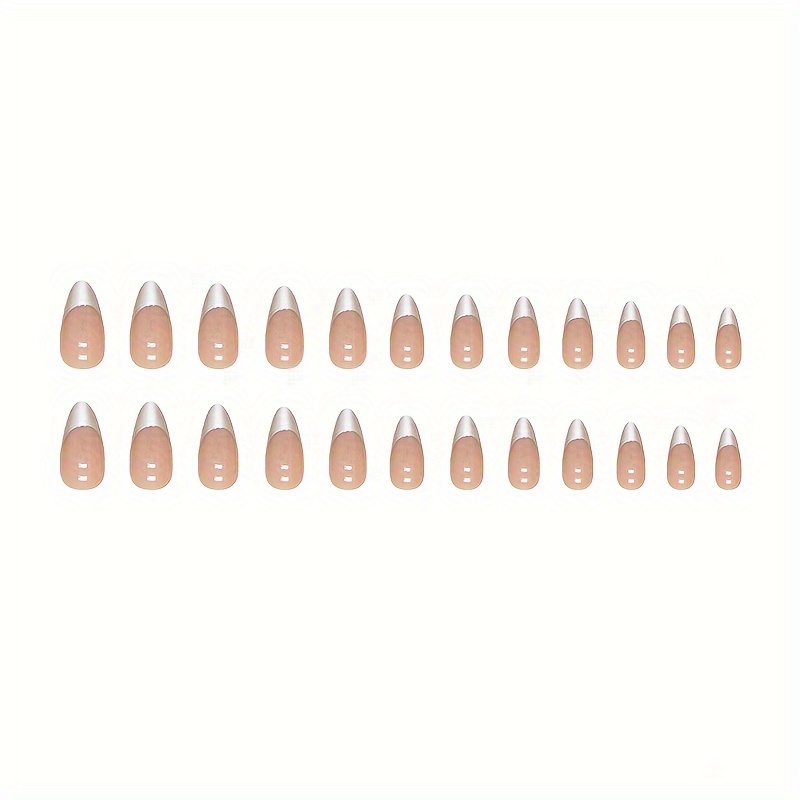 24pcs set medium almond slivery french tip fake nails glossy simple french style acrylic nails nude pinkish full cover glue on nails for women girls manicure decorations details 4