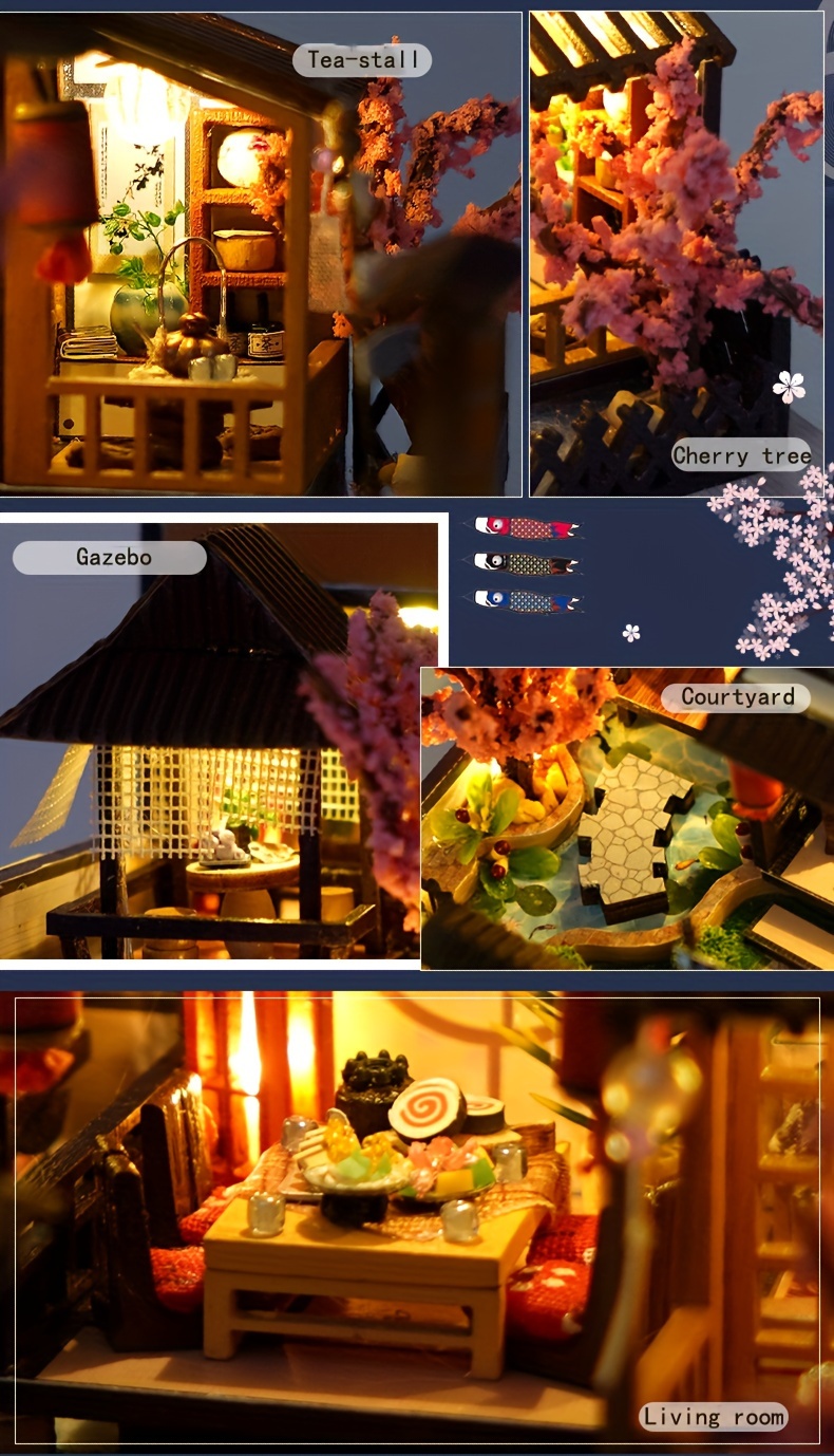 1pc DIY Miniature House Kit, Sakura Style House, Adult Building Dollhouse Kit, Wooden Dollhouse Kit, Model Building Kit, Halloween, Christmas Gift (Glue and Batteries Not Included)