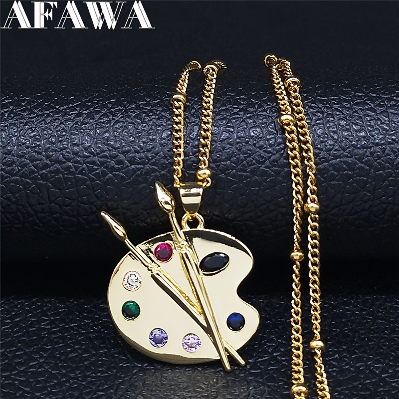 TEMU Painting Plate Synthetic Zirconia Copper Stainless Steel Chain Necklaces Art Palette Choker Necklace Jewelry Hh46-5
