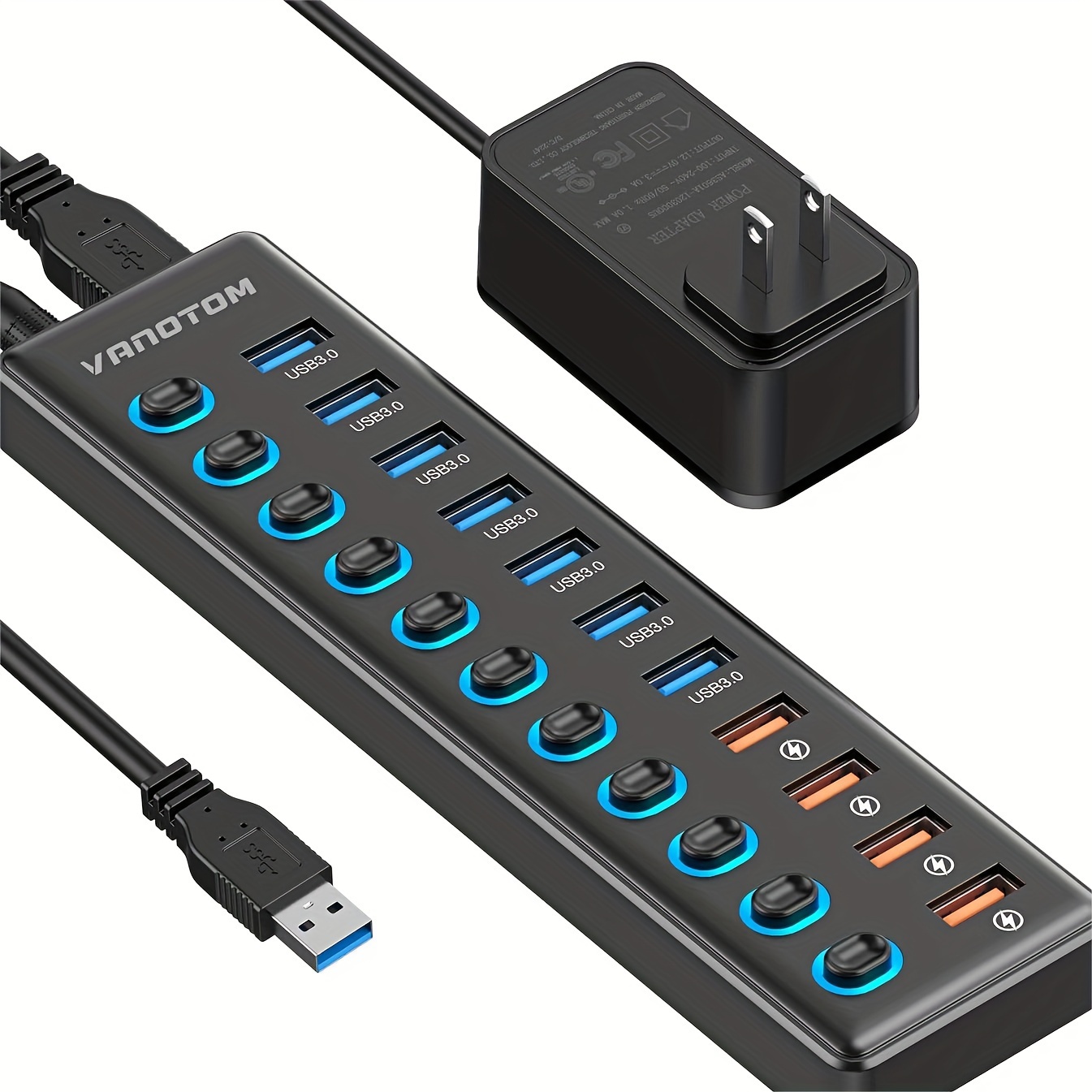 

Powered Usb 3.0, Vanotom 11-port Usb Splitter (7 Usb 3.0 Data Ports + 4 Smart Charging Port) With 12v/3a Power Adapter And Led Individual On/off Switches For Laptop And Pc