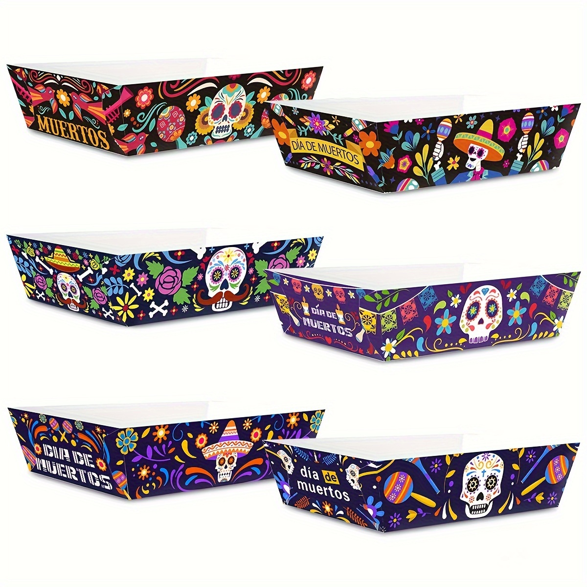 

Festive Day Of The Dead Party Trays - Dia De Los Muertos Decorative Paper Trays For Your Celebration - No Electricity Required