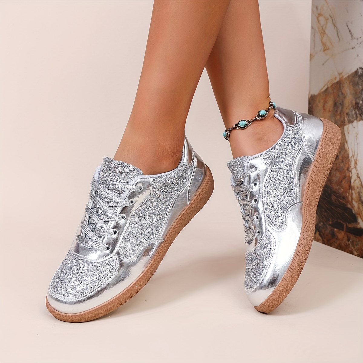 

Women's Glitter Sneakers, Fashion Athletic Shoes, Lightweight, , Faux Leather Upper, Fabric Lining, Pvc Sole, Synthetic Leather Insole, Trendy Running Shoes