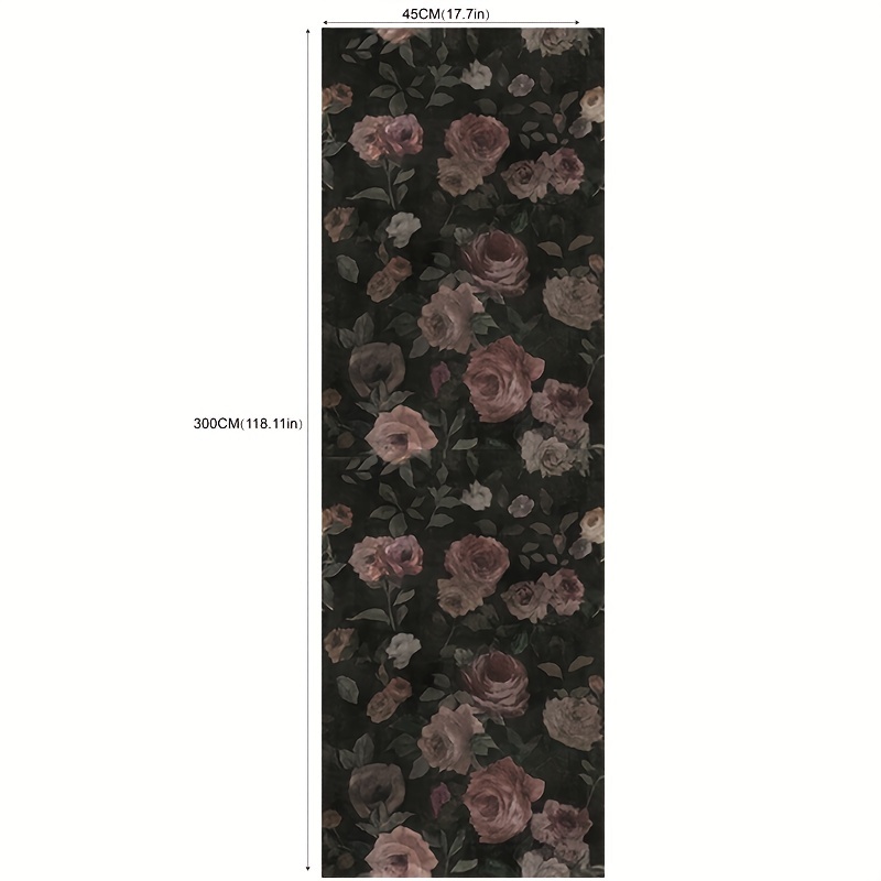 Image of 1pc Self-adhesive Black Background Rose Flower Sticker 17.3 118.11 In, Room Bedroom Decoration Vintage Style Wallpaper, Wall Waterproof Decorative Wallpaper