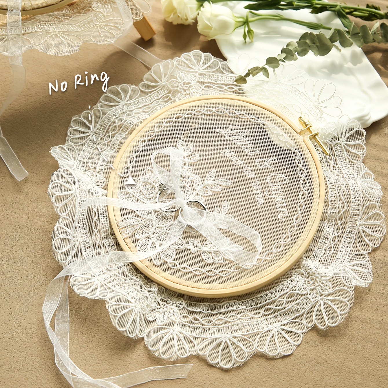 TEMU [custom] Custom Embroidered Lace Wedding Ring Holder Personalized Name And Date Pillow Alternative Customized Elegant Tulle Lace Non-removable