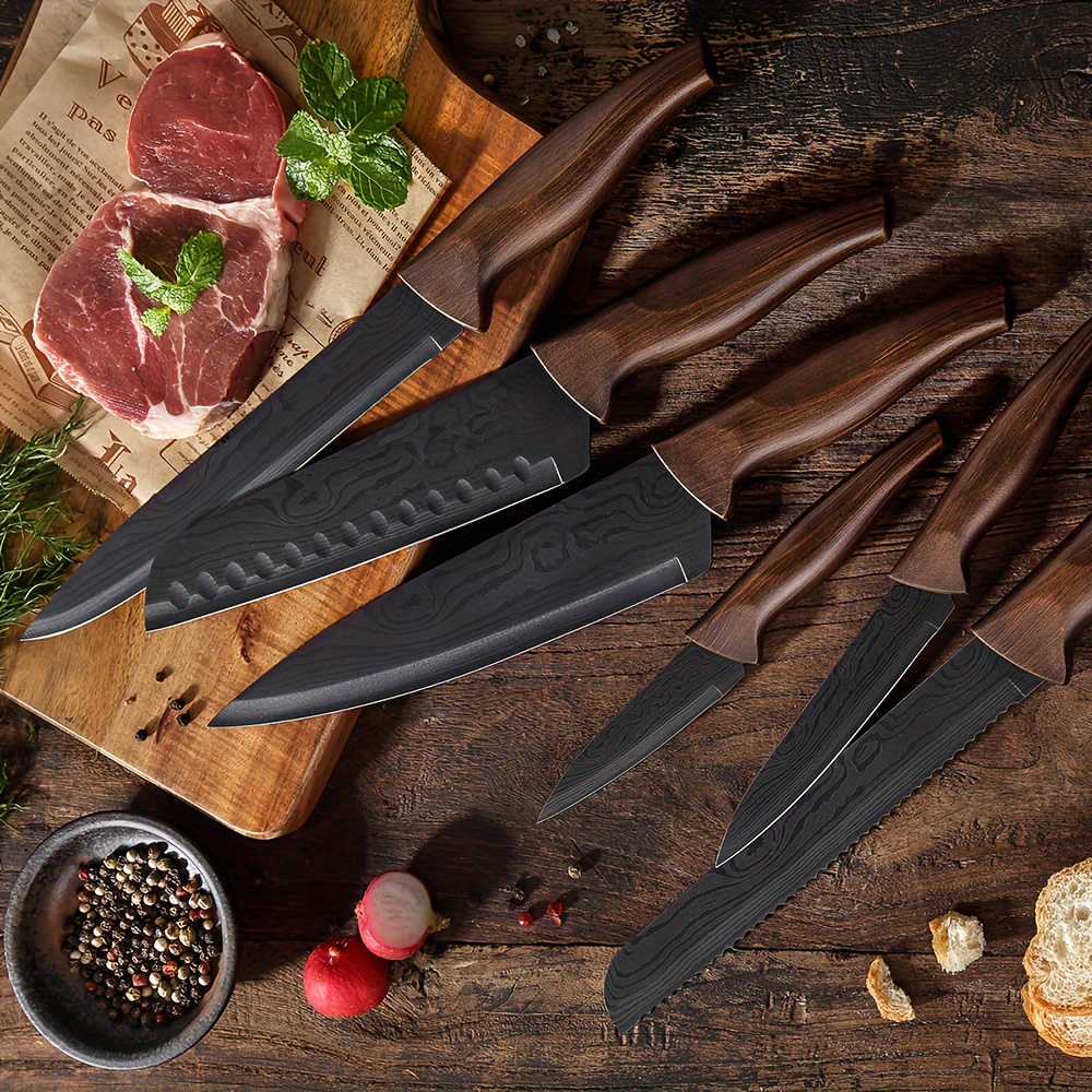 

Matte Black Titanium Plated Stainless Steel Kitchen Knife Set, Chef Kitchen Knife Set Professional, Dishwasher Safe Kitchen Knife Set With Damascus Style