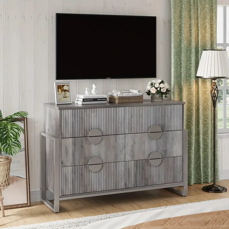 Dresser For Bedroom, Wide Chest Of Drawers With Metal Frame, Storage Organizer Unit With Fluted Panel, 6 Drawer Dresser For Closet, Living Room, Hallw Dresser For Bedroom, Wide Chest Of Drawers With Metal Frame, Storage Organizer Unit With Fluted Panel, 6 Drawer Dresser For Closet, Living Room, Hallw