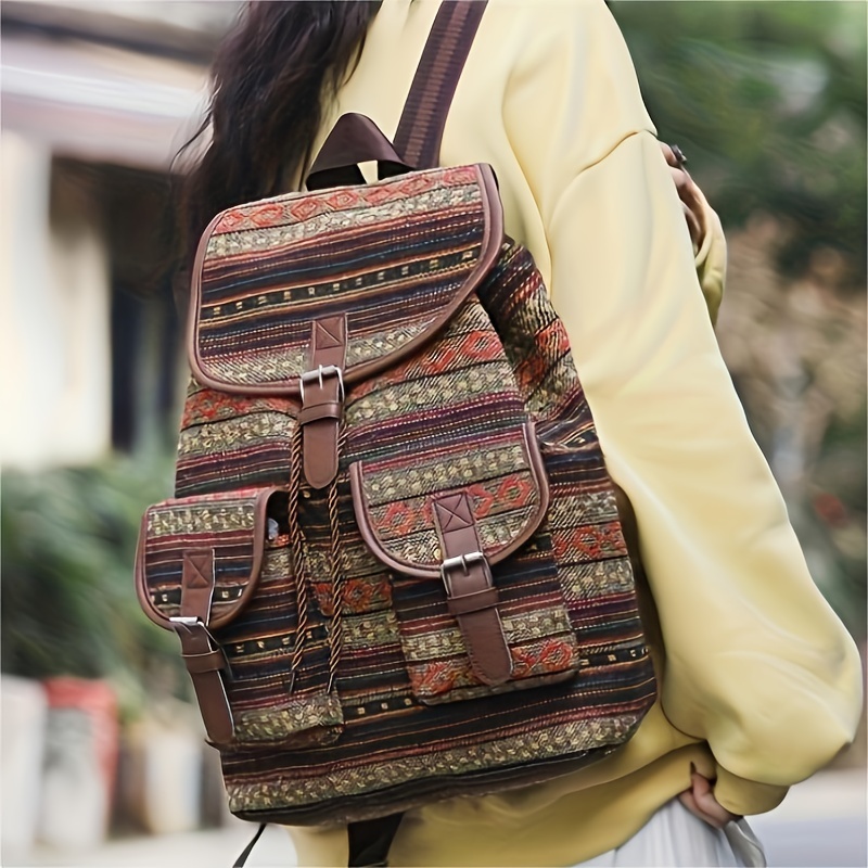 Canvas Flap Backpack Vintage Embroidery Temu United