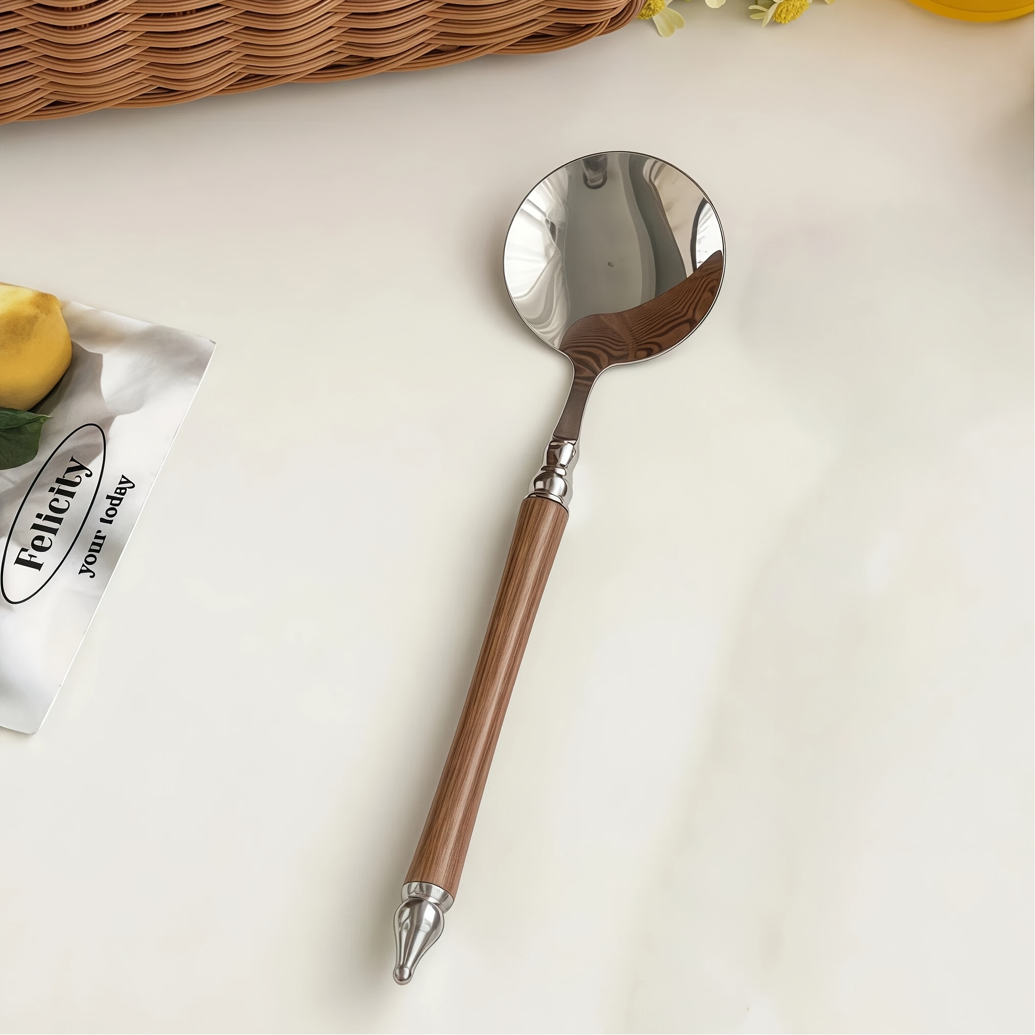 TEMU 1 Cuchara redonda de acero inoxidable con de mango de madera, cuchara de cabeza redonda de mango largo, cuchara de arroz para el hogar, cuchara