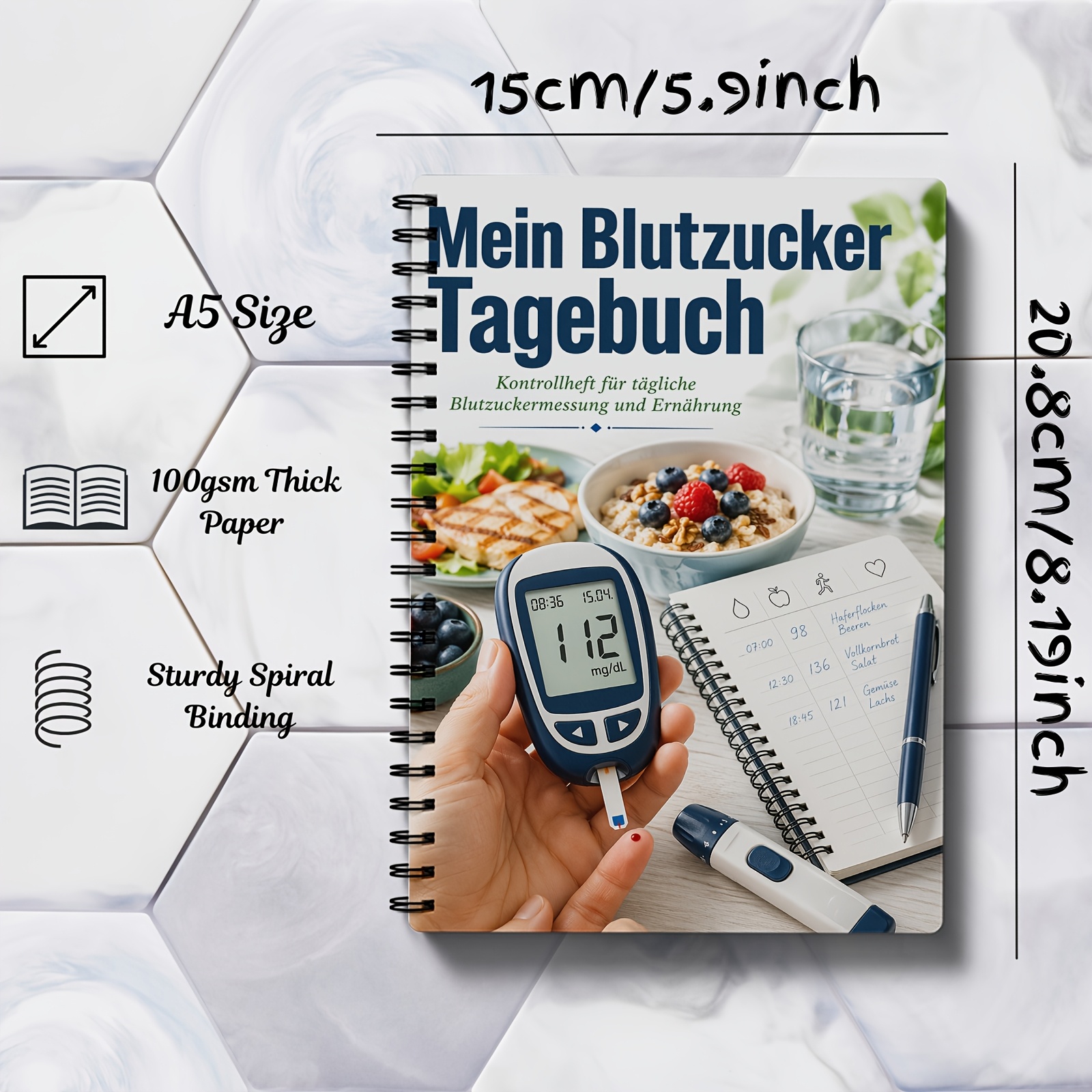 Image of Blood Sugar Log Book Spiral Notebook In German | 70 Pages A5 | Precise Monitoring And Balance Observation Construction, Thoughtful Gift For Vitality , Families And Health Enthusiasts