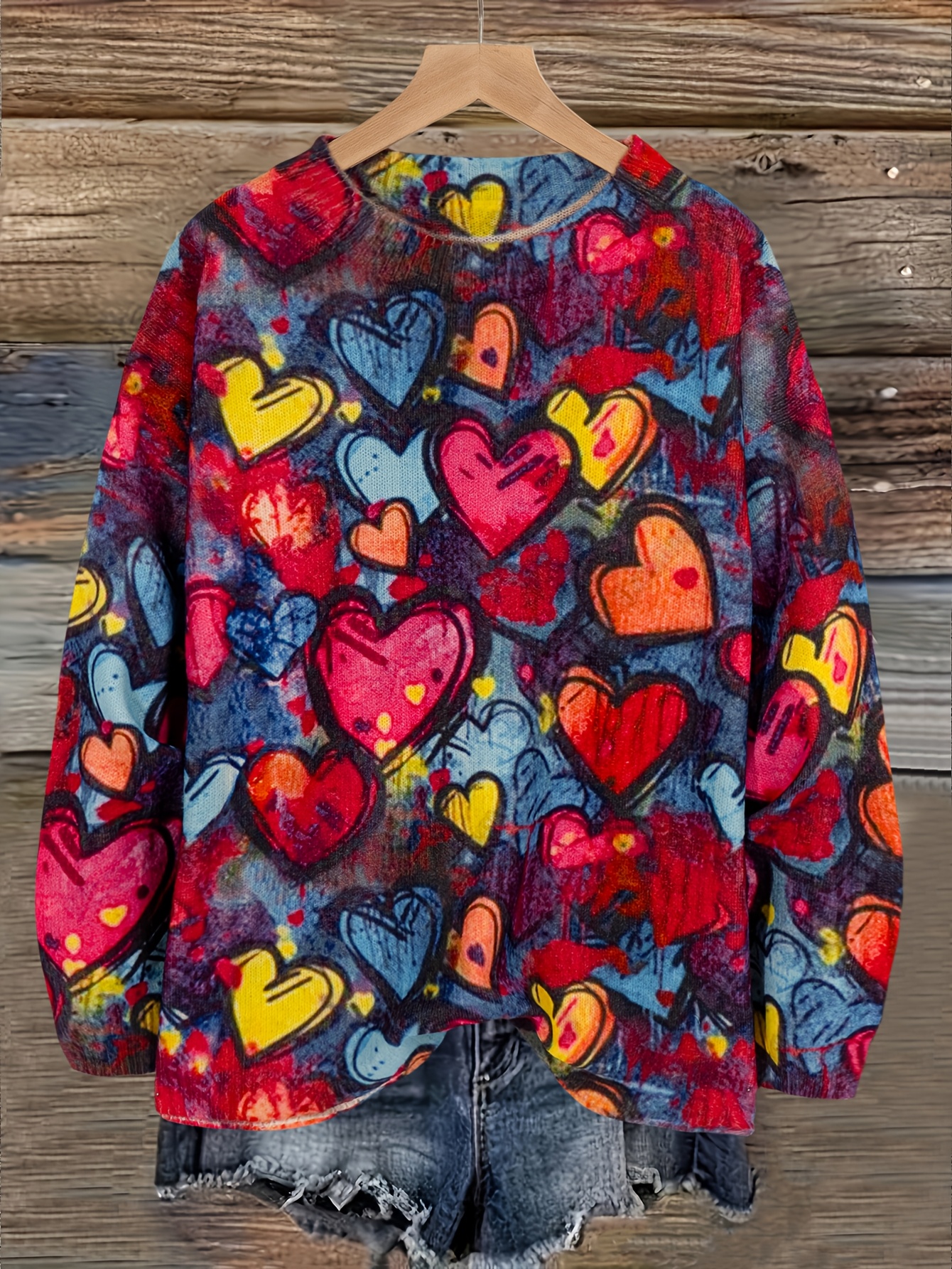 womens plus size valentines day heart print sweater 3  print long sleeve pullover machine washable round neck fall   top elegant casual wear cozy     stylish design textured fabric mixed color 1