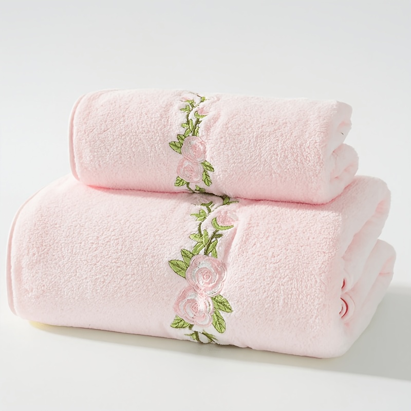 TEMU 2pcs Set 1pc 34 X 75cm And 1pc 70 X 140cm Rose Embroidery Towels Microfiber Coral Fleece Soft Comfortable Absorbent Non-shedding Hair Washing