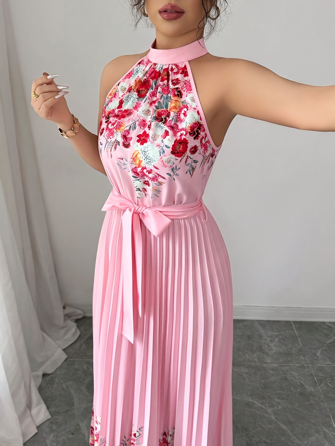 Fashionable New Women'S Summer Halter Floral Print Pleated Dress