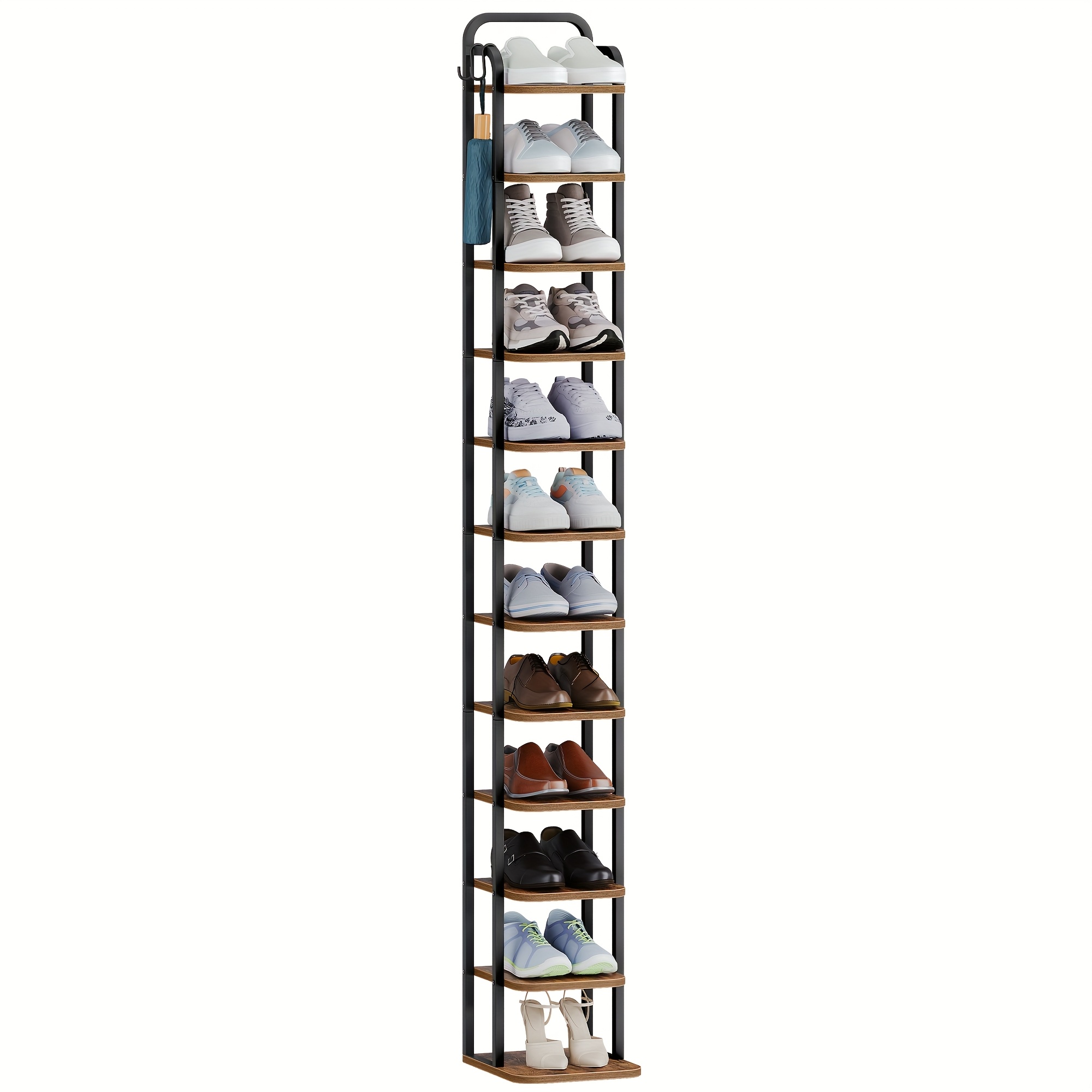 TEMU 12-tier Adjustable Space-saving Vertical Shoe Rack - Freestanding Stainless Steel Shoe Organizer With Wooden Shelves, No Metal Pipes For Small
