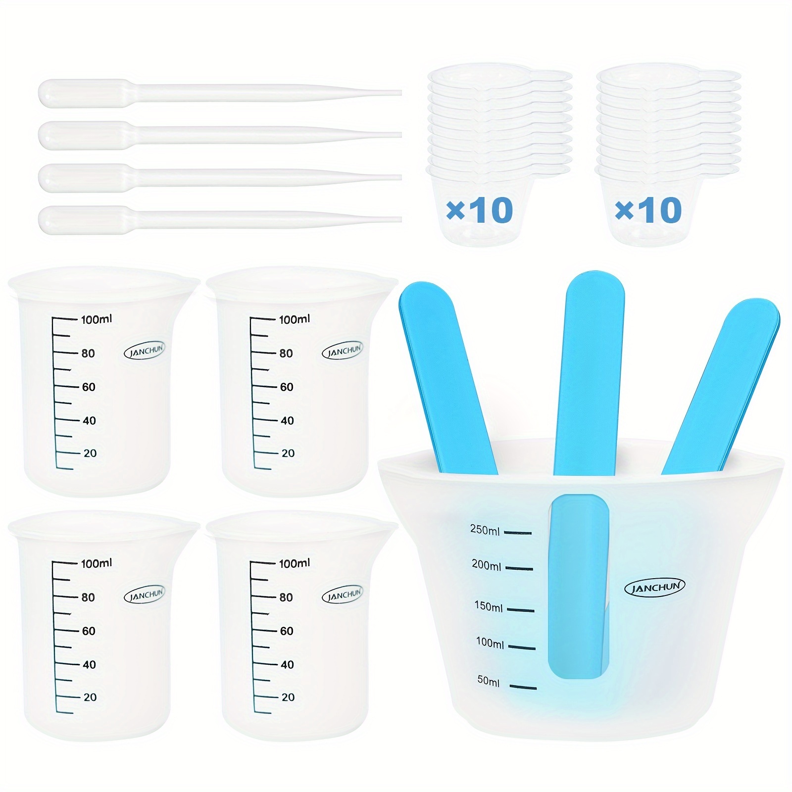 

Silicone Resin Measuring Cup Set - Janchun Reusable Resin Stirring Cups, 250ml & 4 X 100ml Measuring Cups & Silicone Stirring Rods For Epoxy, Paint & Waxing, Easy To Supplies