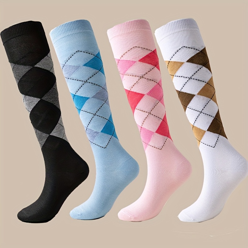 Image of 1 Pair/4 Pairs Autumn Winter Rhombus Calf Socks, Dance Knee Socks, Mid-calf Style Socks, Ideal Holiday Gift For Christmas, Thanksgiving, Etc