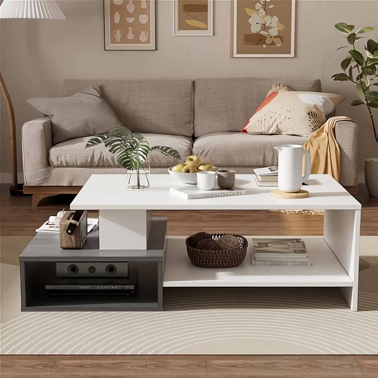 Image of Coffee Table, Low Modern Coffee Table, Pull-out Coffee Table, Separate Hidden Storage Compartment, Living Room Table, White And Black