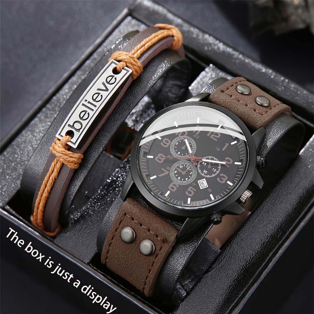 TEMU 2pcs Men's Quartz Watch + All-colored Temperament Bracelet Men's Watch Set A Surprise Gift For His Father's Day Birthday