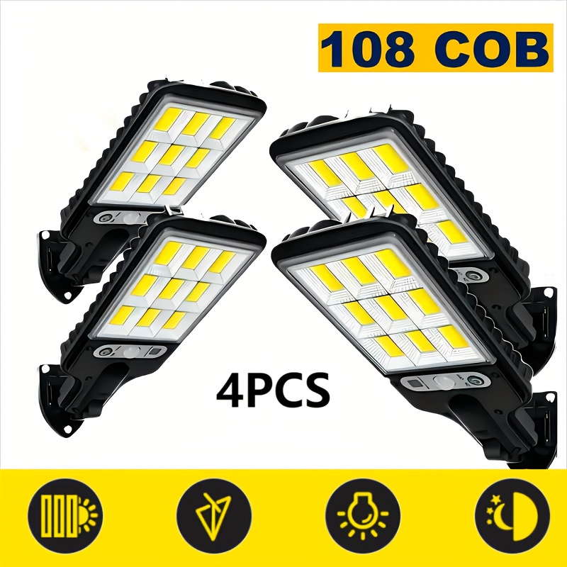TEMU 4pcs Projecteur Solaire COB Haute Luminosité, Télécommande avec Capteur Intelligent et Double Contrôle par Capteur de Corps Humain, Niveau IP44,