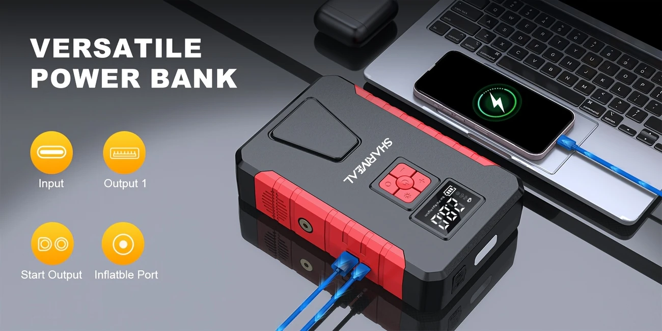 sharweal 4500a peak automotive jump starter 150psi tire inflator air compressor car jump starter emergency battery booster compressor with real time pressure monitoring led safety light usb c power bank details 3