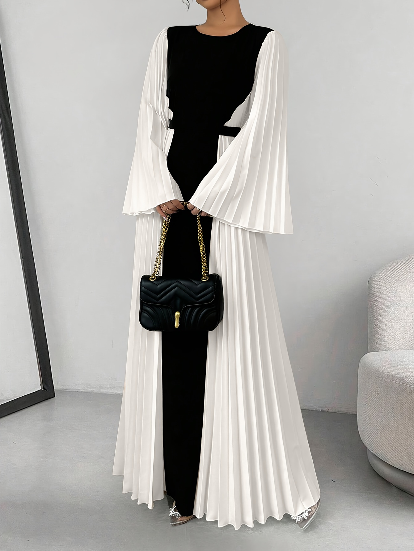 elegant color block pleated bell sleeve maxi dress women - Temu Oman