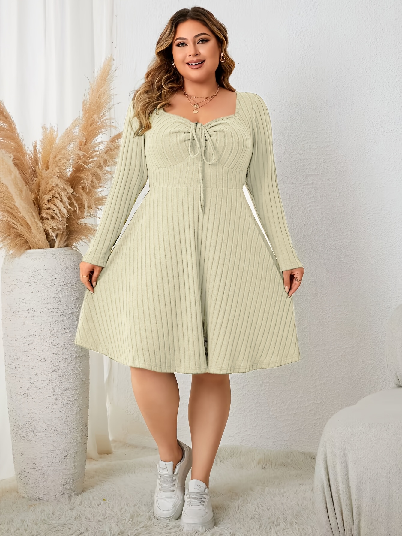 plus size elegant ribbed square collar lace long sleeve