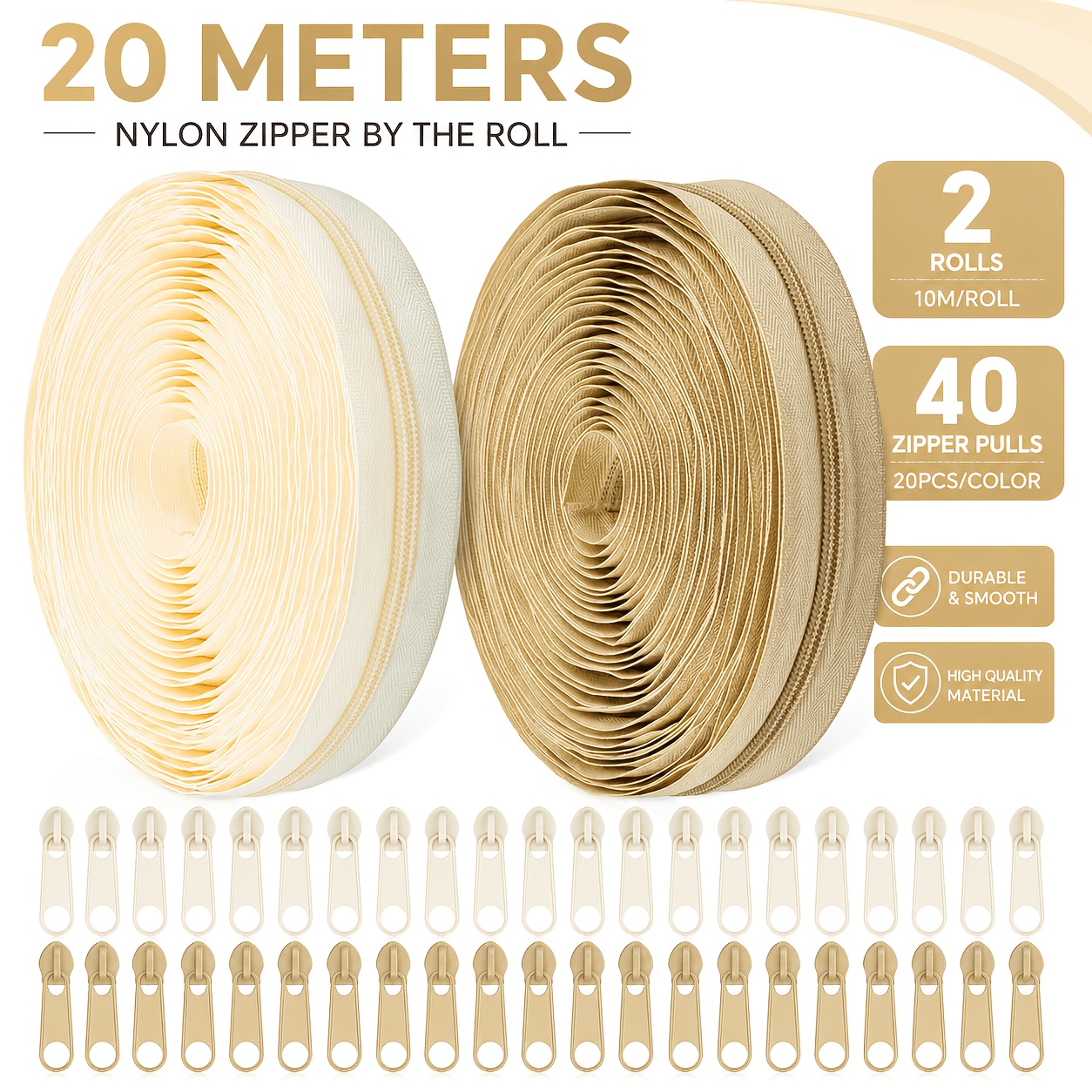 TEMU 2--white And Khaki 20 Meters/21.87 Yards #3 Nylon Coil Zipper With 40 Metal Sliders, Length, Suitable For Clothing, Luggage, Home Textiles,