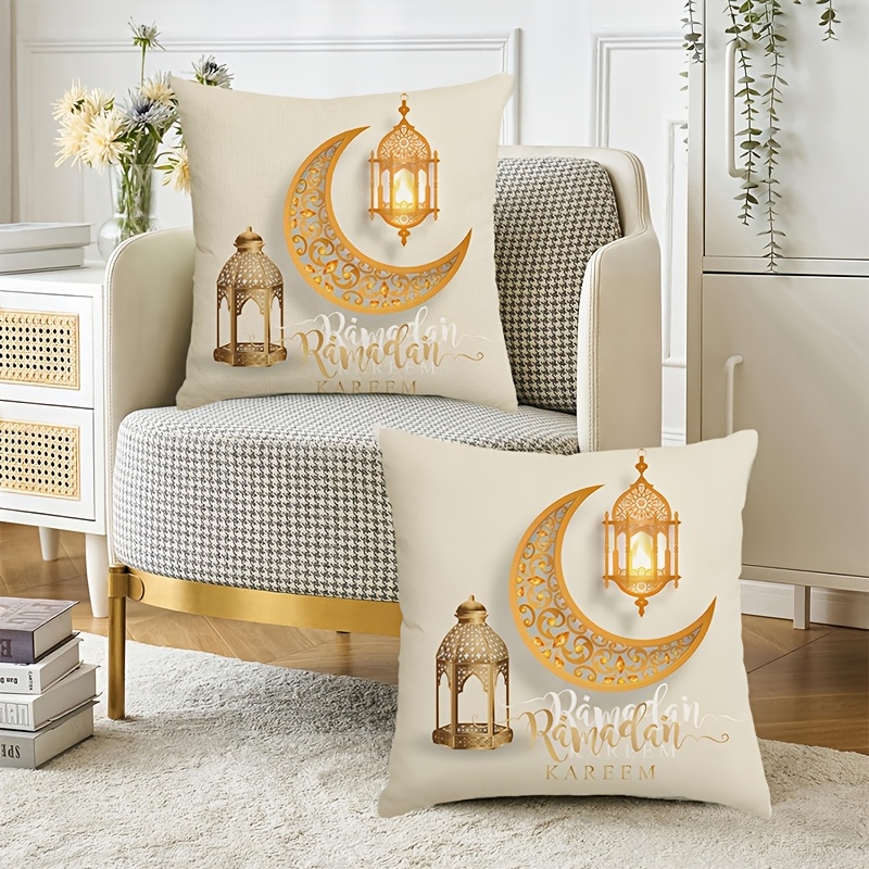 

2-pack Ramadan Lantern And Moon Design Pillow Covers, 18x18 Inch, Soft Short Plush Polyester, Machine Washable, Contemporary Style, Decorative Zippered Cushion Cases For Room Types - No Insert