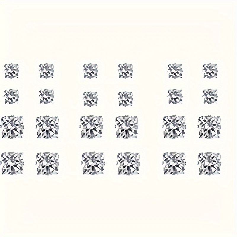 12 Pair Set Square Cubic Zirconia Stud Earrings for Men