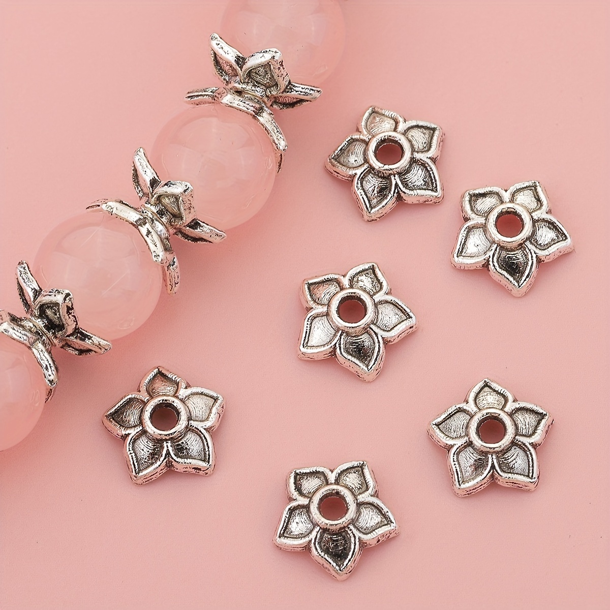 

100pcs Antique Silvery Zinc Alloy Flower Bead Caps, Vintage Spacer Charms For Ma