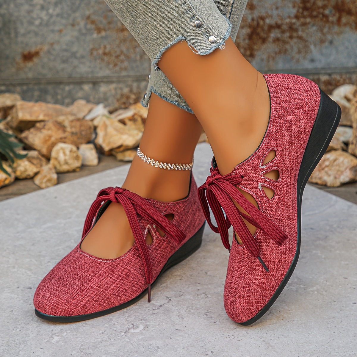 Women'S Elegant Lace-Up Flats Pointed Toe Versatile Shoes in Light  Red, Fabric Upper with PU Lining Rubber Sole, Comfortable Casual to  Formal