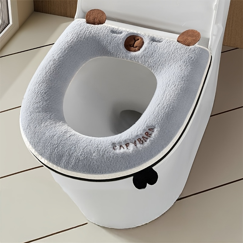 TEMU Nueva cubierta de asiento de inodoro gruesa y esponjosa para invierno con bordado de dibujos animados y asa incorporada - Lindo y de inodoro con