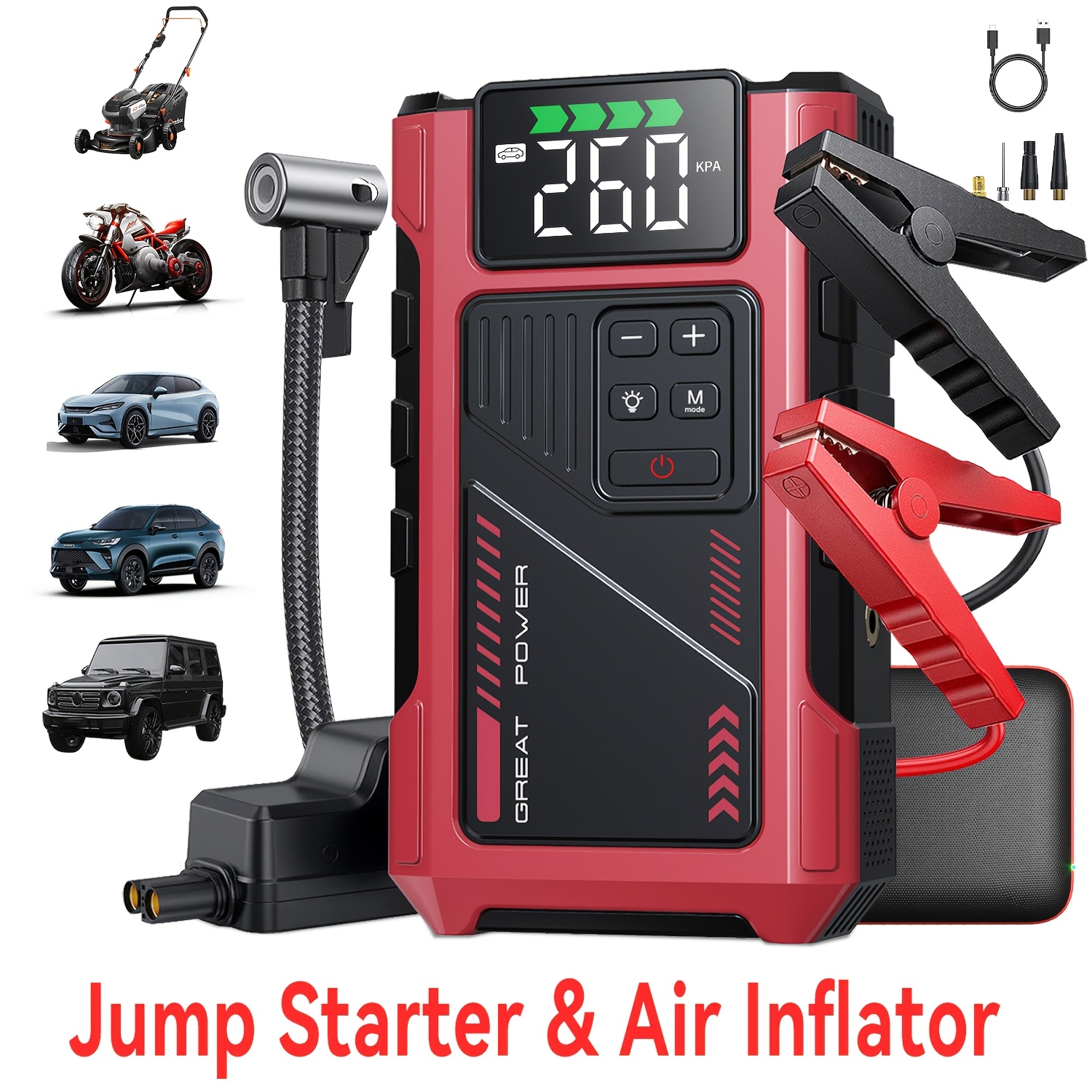 9 in 1 portable jump starter with air compressor jump starter for car battery jump starter portable car battery charger portable for12v 8 0  6 5l   start the car quickly usb   led emergency car accessories tools