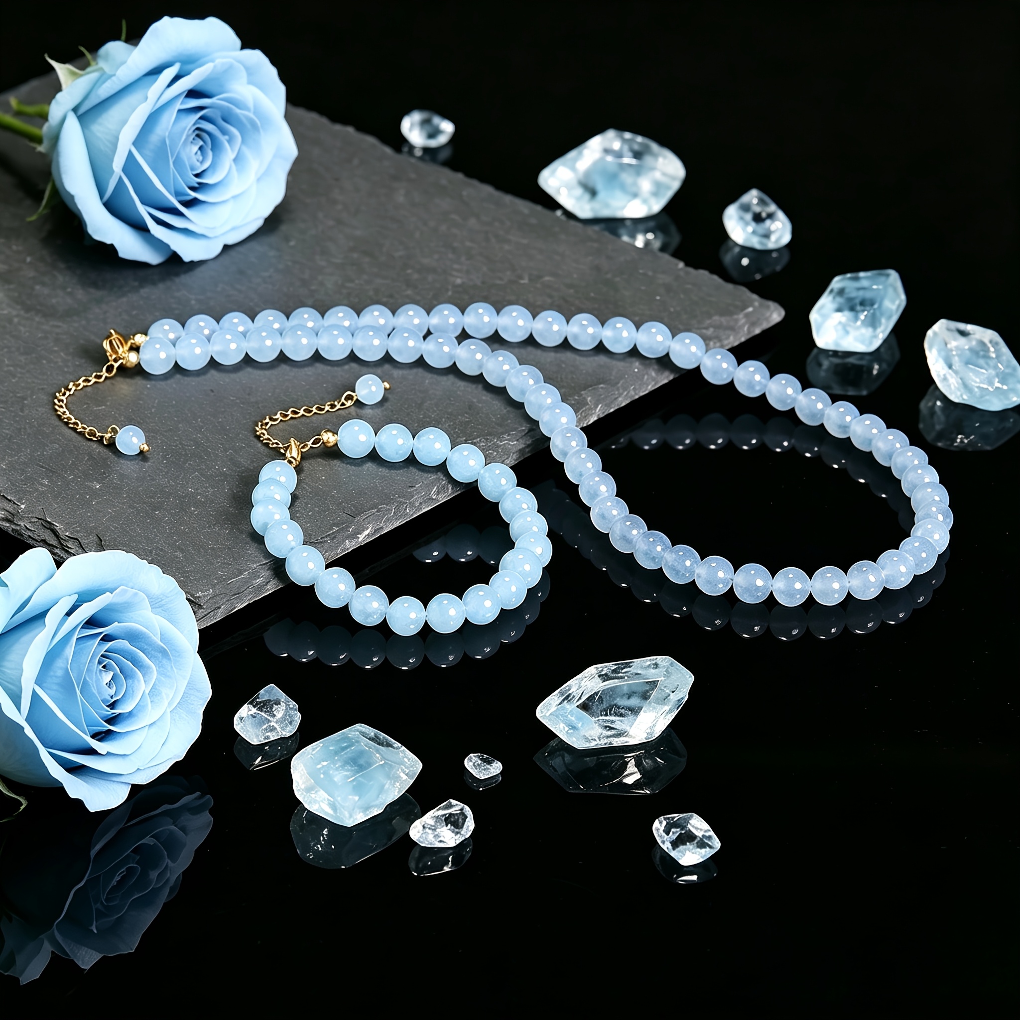 2pc Elegant Aquamarine Beaded Necklace & Bracelet Set