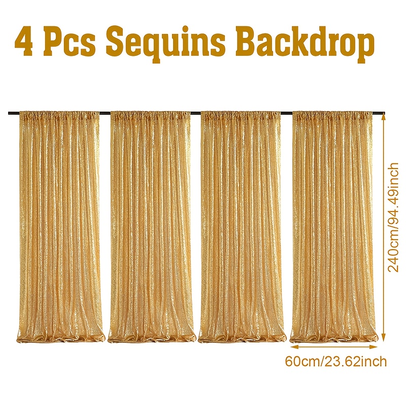 E-shop 4 Stück, Vorhänge, Goldglitzer-Vorhangstoff, 60*240 cm, Goldenes Polyester-Gardinenmaterial, Deko für 1. Geburtstagsfeier, Hochzeits-