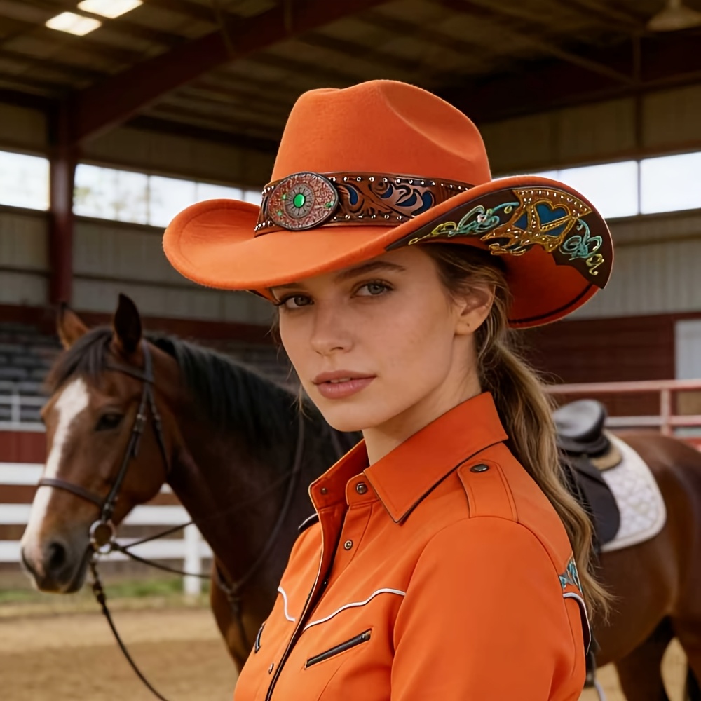 1 pieza [sombrero de fieltro] sombrero vaquero unisex de estilo   con ala   para   y correa decorativa de  , talla para   de cabeza de 57 cm, disponible en colores  , naranja, ,   y café