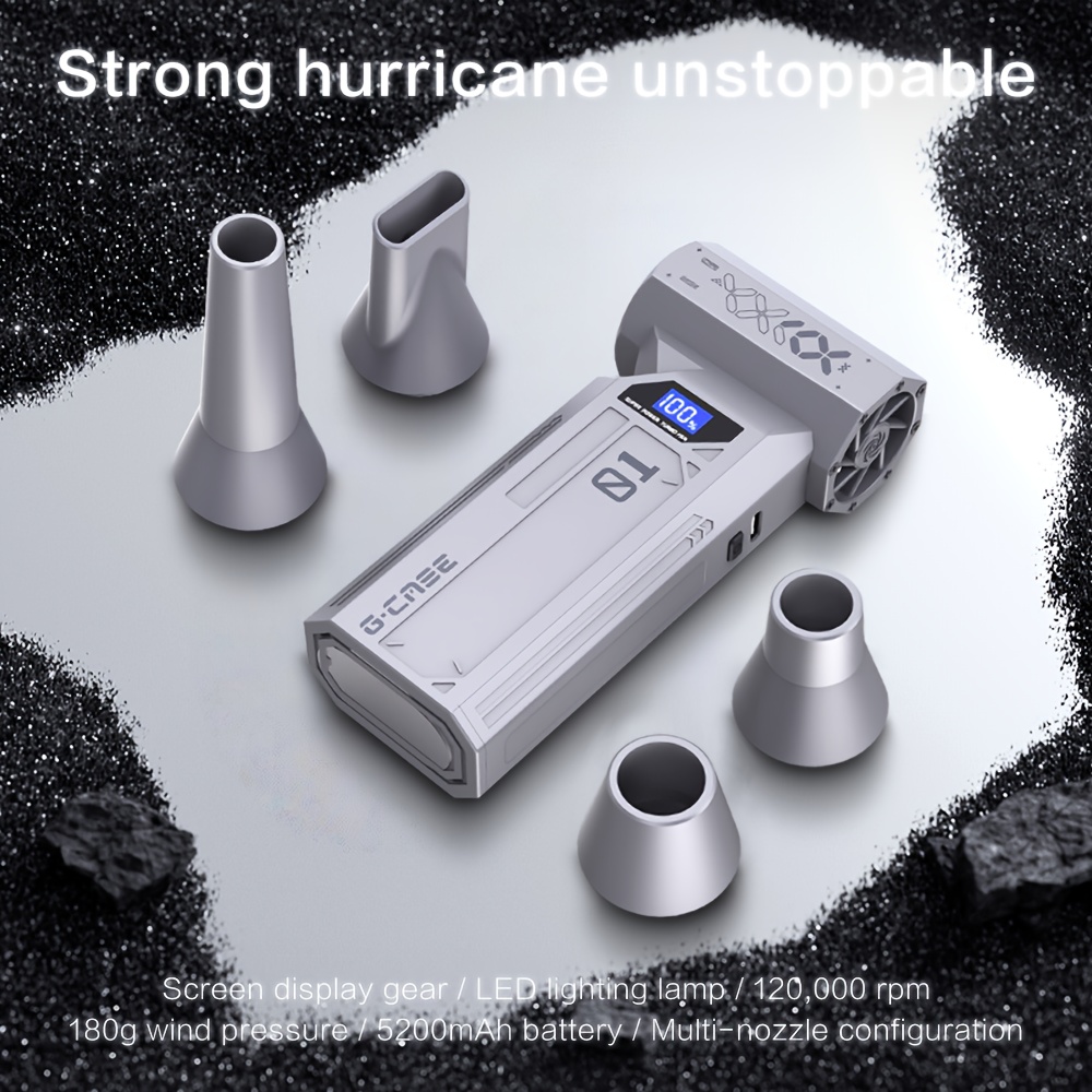 TEMU 120000rpm Blower Turbo Jet With 4 Nozzles Usb Charging 5200mah Battery Digital Display & Lights Wireless Turbo Fan For Car Cleaning Computer