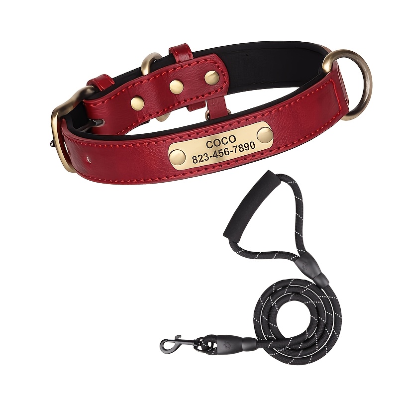 TEMU Lot de 2, Collier pour chien personnalisé en cuir synthétique avec poignée éponge, laisse réfléchissante et doublure en néoprène douce et