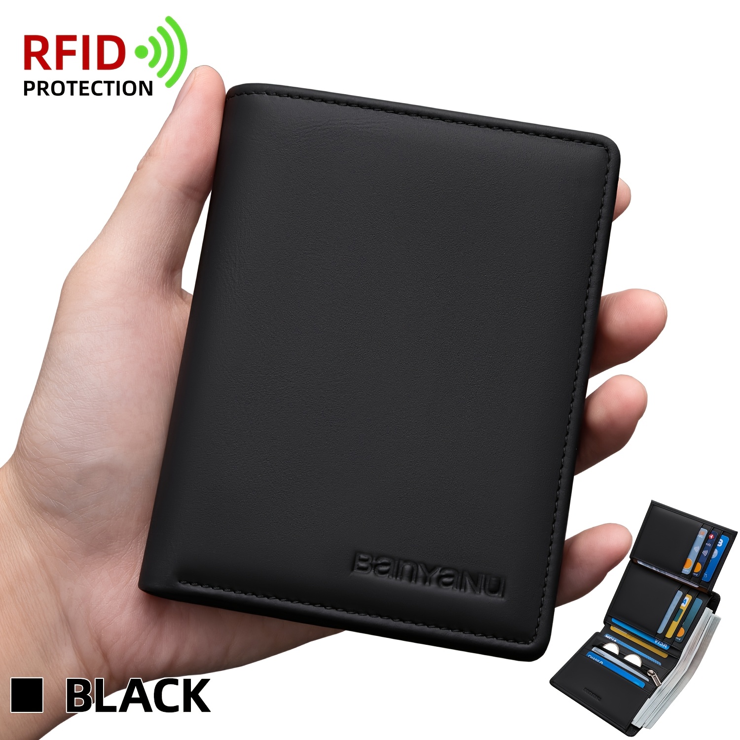 Top-grain Leather Wallet For Men With Rfid Anti-theft Function, Credit Card And Id Holder
