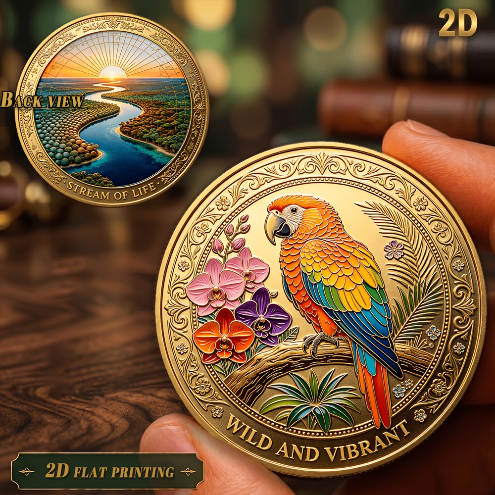 TEMU Replica Coin 1pc, 2d Vibrant Parrot And Stream Of Exquisite Collectible Coin, A Commemorative Coin Showcasing The Colorful Creatures Of The And