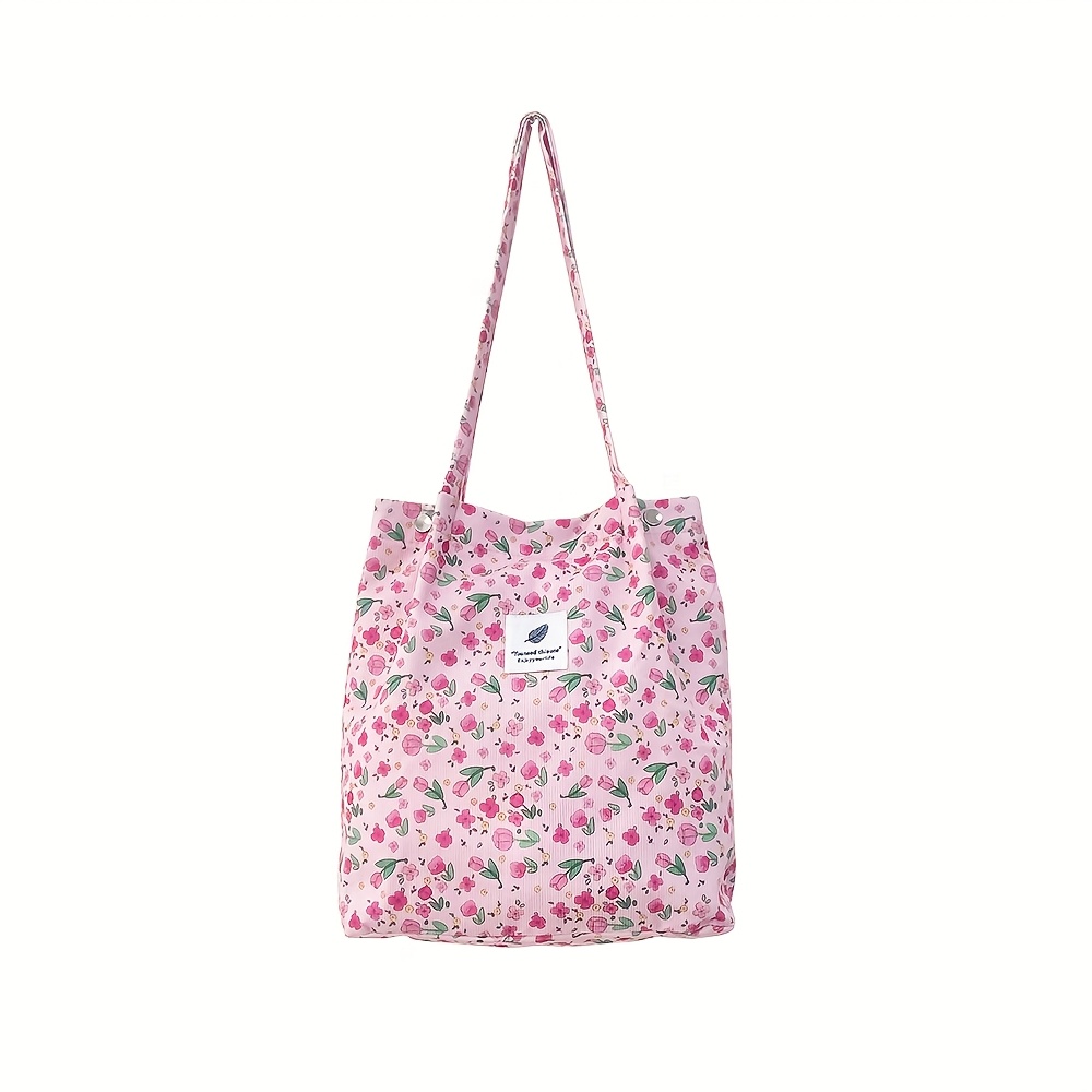 E-shop 1er-Pack Cord-Tasche mit Tulpen-Blumenmuster – Mittelgroß, Casual für Damen, Maschinenwaschbar mit Knopfverschluss, Hellbeige & Rosa,