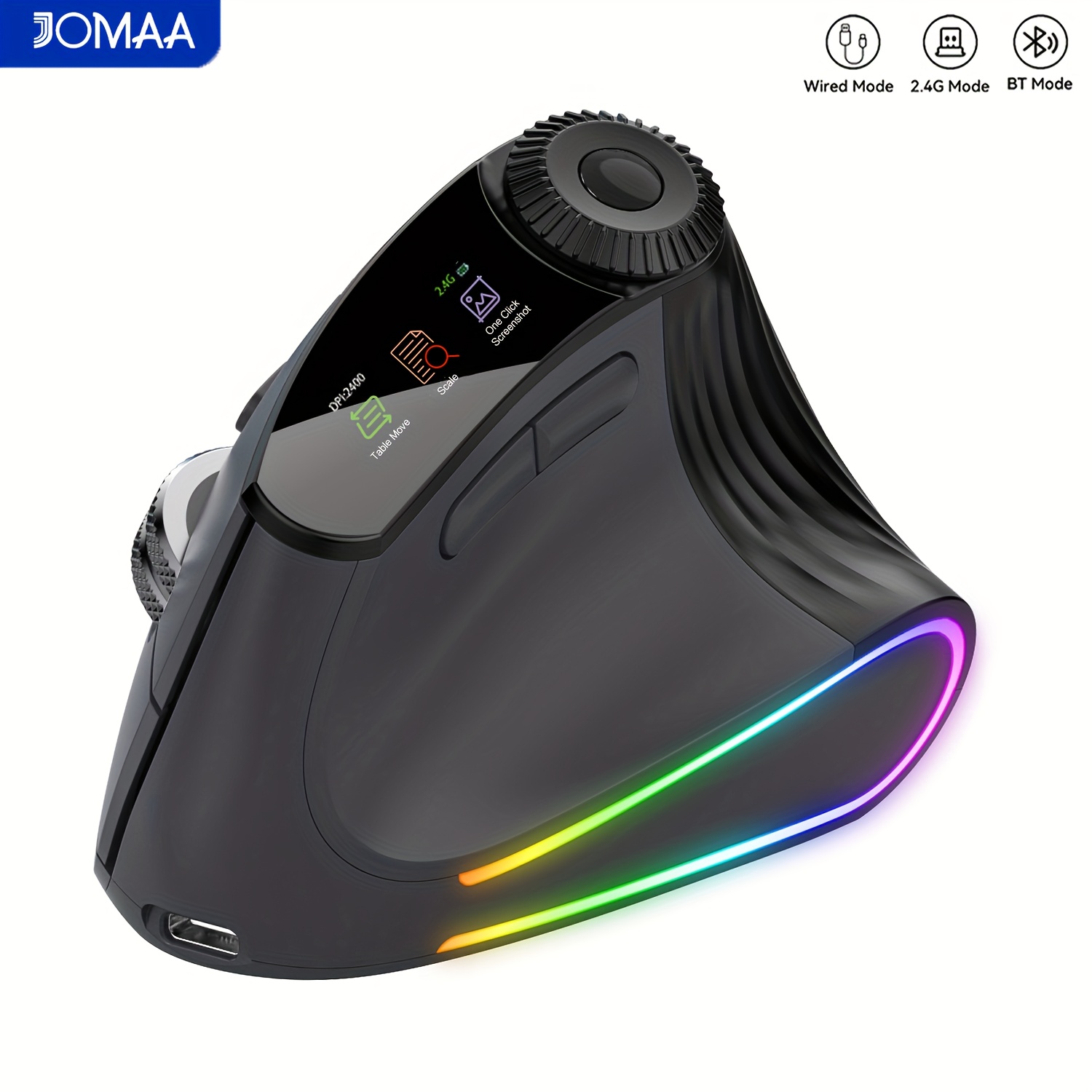 Jomaa RGB Backlit Speed Roller Wireless Vertical Mouse with Function Adjustment Knob Bluetooth USB Ergonomic Mice Slient Click