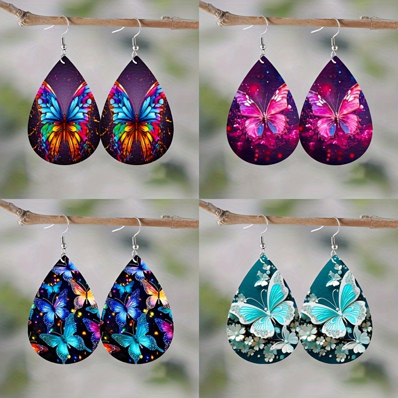 

4 Pairs Of Colorful Butterfly Patterned Water Droplet Shaped Pu Leather Earrings, 3d Printed Insect Cute Animal Pendant Girl Jewelry