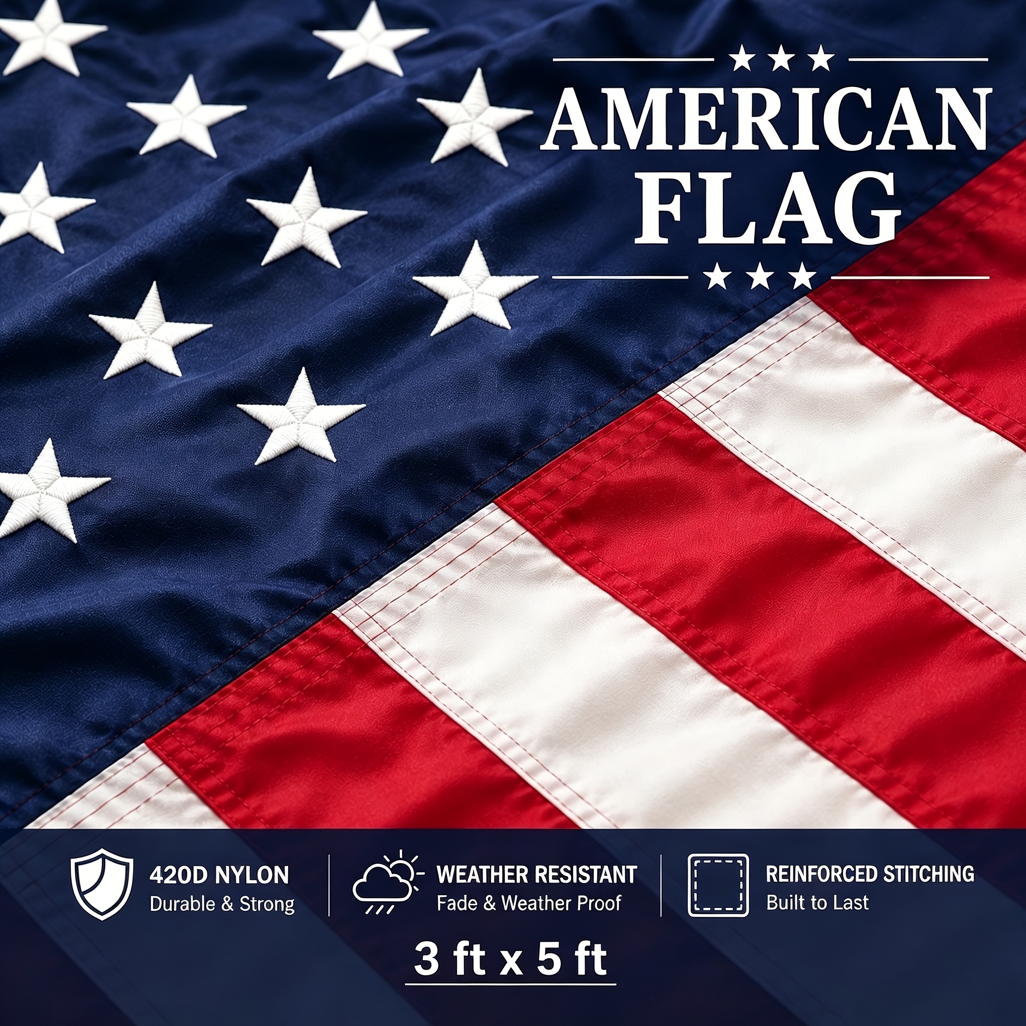 3x5 feet american flag 210d 420d heavy duty nylon fade resistant and with embroidered stars sewn stripes brass grommets 304 stainless steel hooks  