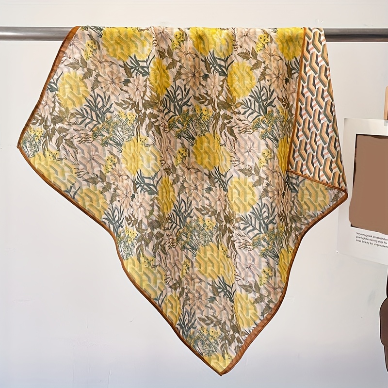 TEMU Foulard Carré Jaune Frais et Léger à Imprimé Floral Double Face, Foulard Décoratif Polyvalent, Écharpe de Cou Tendance, Châle pour Femme