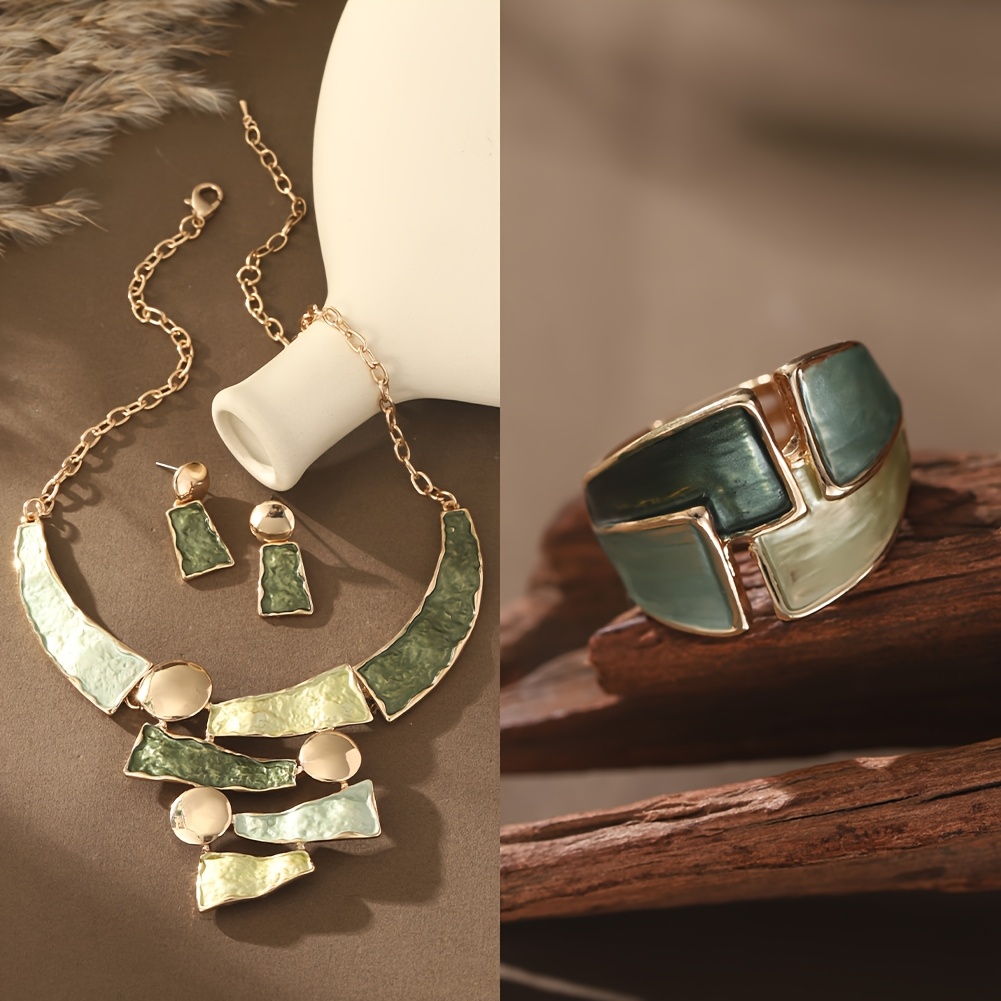 TEMU Alloy Enamel Geometric 3pcs Jewelry Sets, 1 Pair Earrings 1 Necklace 1 Ring Fashion Necklaces Set For Women Trendy, Valentine's Day Gift, Birthday Gift